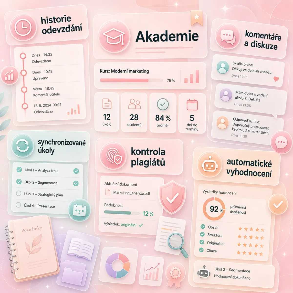 Karty Akademie: historie odevzdání, synchronizované úkoly, komentáře a diskuze, kontrola plagiátů a automatické vyhodnocení