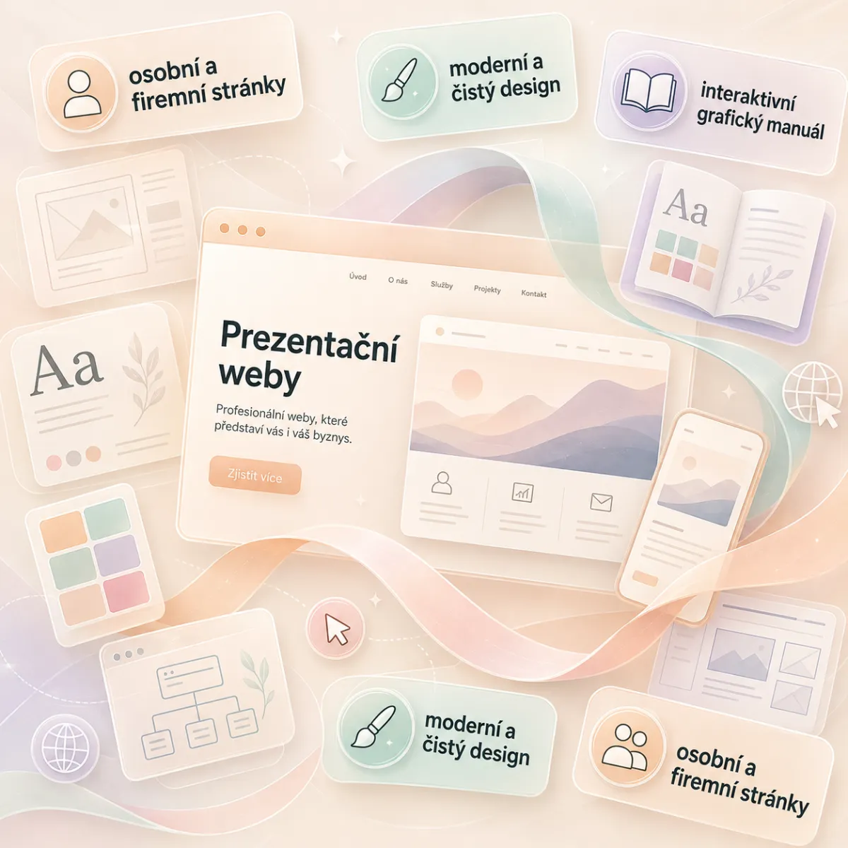 Karty prezentačních webů: osobní a firemní stránky, moderní a čistý design a interaktivní grafický manuál